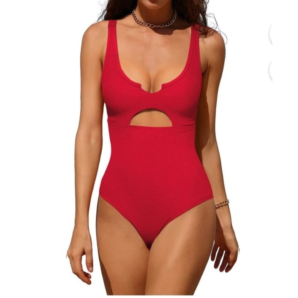 Charmo Womens Large Red Ribbed Cutout One-Piece Swimsuit UPF 50+ Beach Vacation